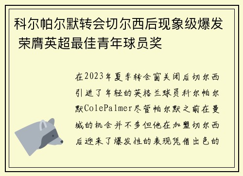 科尔帕尔默转会切尔西后现象级爆发 荣膺英超最佳青年球员奖